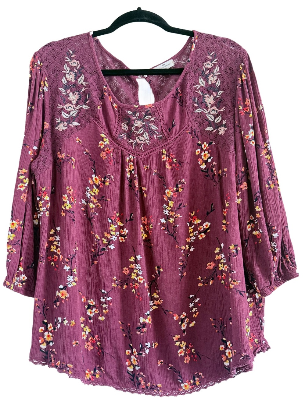 🍁 Mason & Belle Boho Floral Lace Yoke Blouse - Plum 1X - Picture 8 of 8